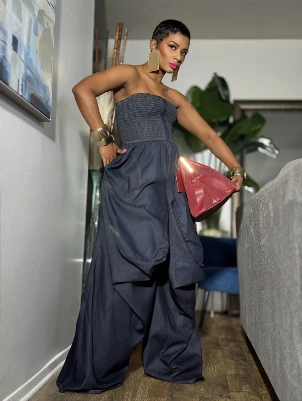 NEW Strapless Tubed Top Denim Jumpsuit ▪︎ Dark Blue ▪︎ Sz XL - Picture 9 of 14